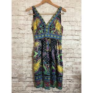 Vintage ICE Dress Womens 10 Petite Turquoise Satin Paisley A Line Tie Back Flowy